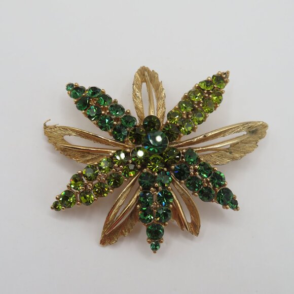 Jewelry - Vintage Green Rhinestone Floral Leaf Gold Tone Brooch